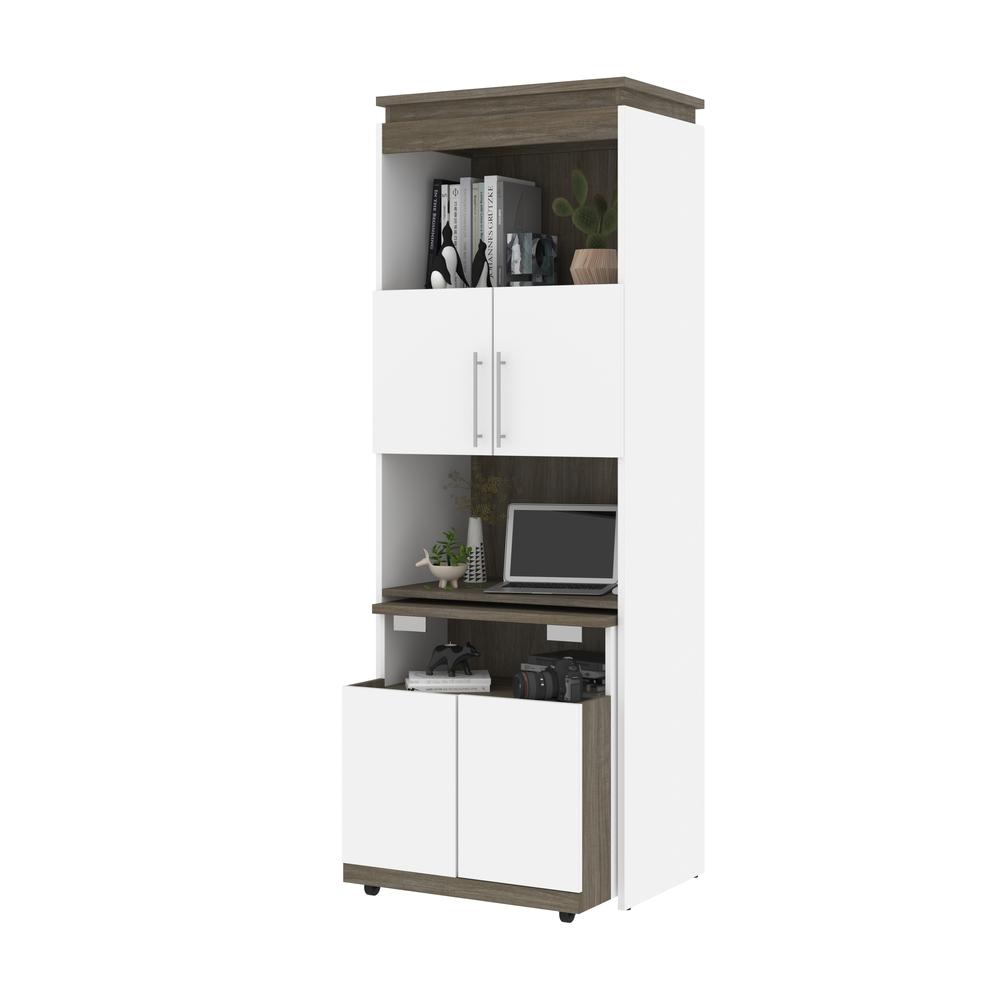 Bestar Orion 30W Shelving Unit with Fold-Out Desk in white & walnut grey. Picture 2