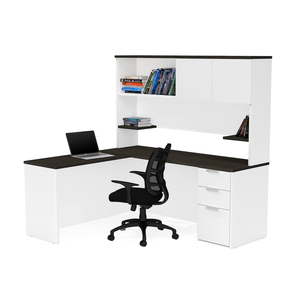 Pro-Concept Plus L-Desk with Hutch in White & Deep Grey. Picture 1