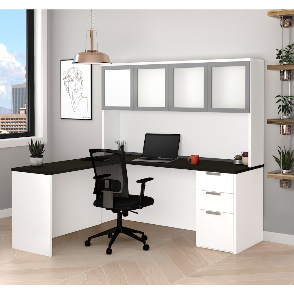 Pro-Concept Plus L-Desk with Frosted Glass Door Hutch in White & Deep Grey. Picture 3
