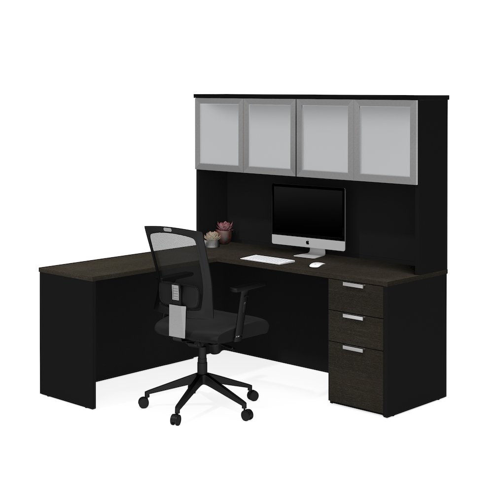 Pro-Concept Plus L-Desk with Frosted Glass Door Hutch in Deep Grey & Black. Picture 1