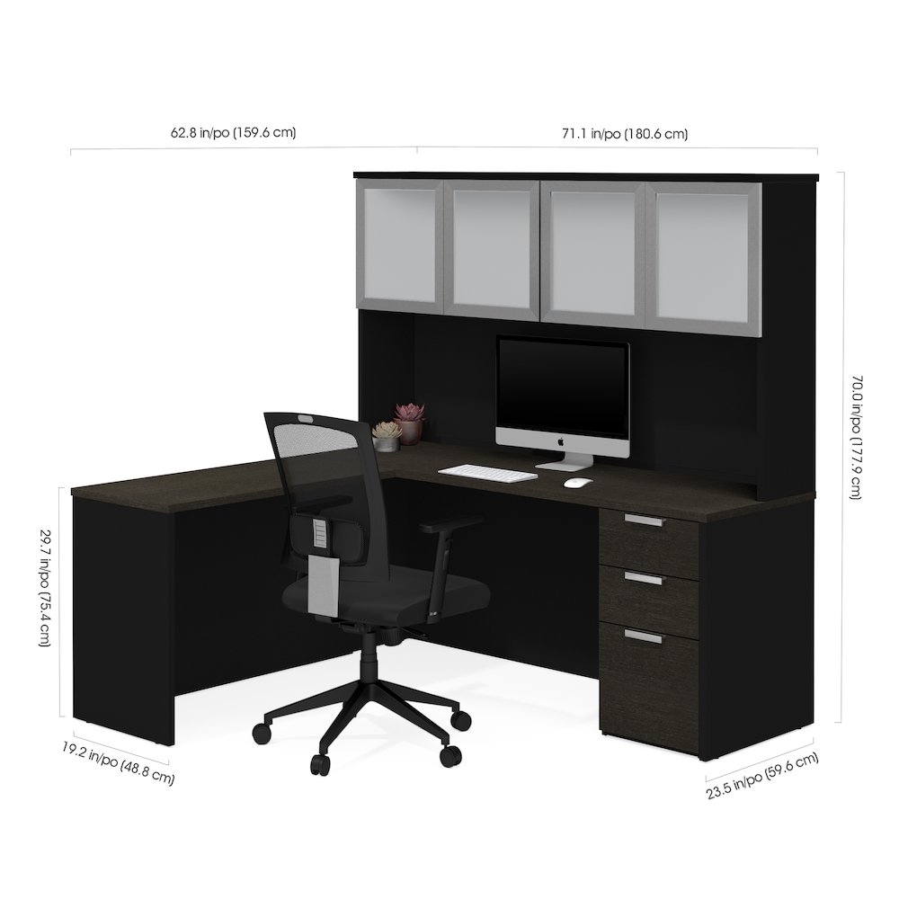 Pro-Concept Plus L-Desk with Frosted Glass Door Hutch in Deep Grey & Black. Picture 2