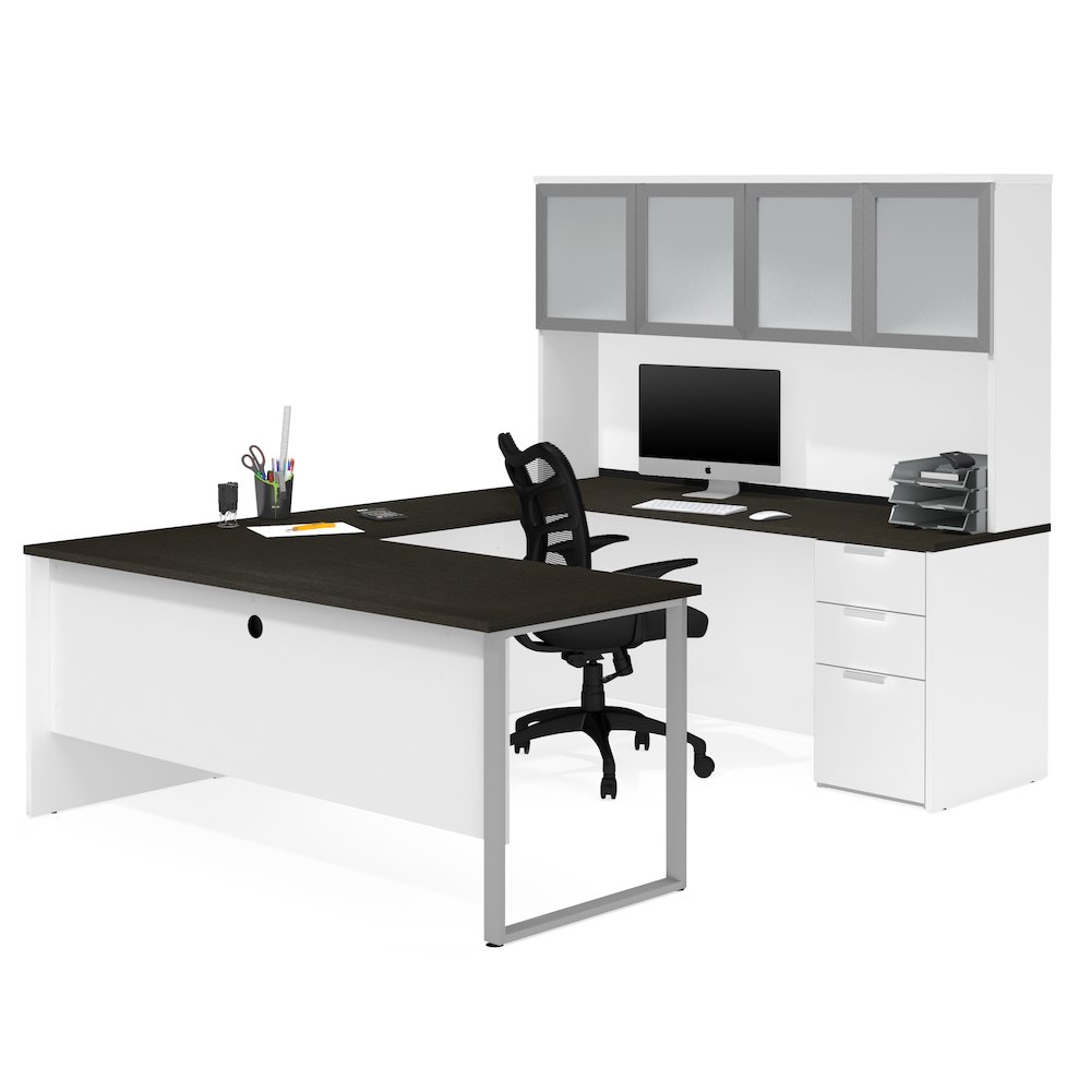 Pro-Concept Plus U-Desk with Frosted Glass Door Hutch in White & Deep Grey. Picture 1