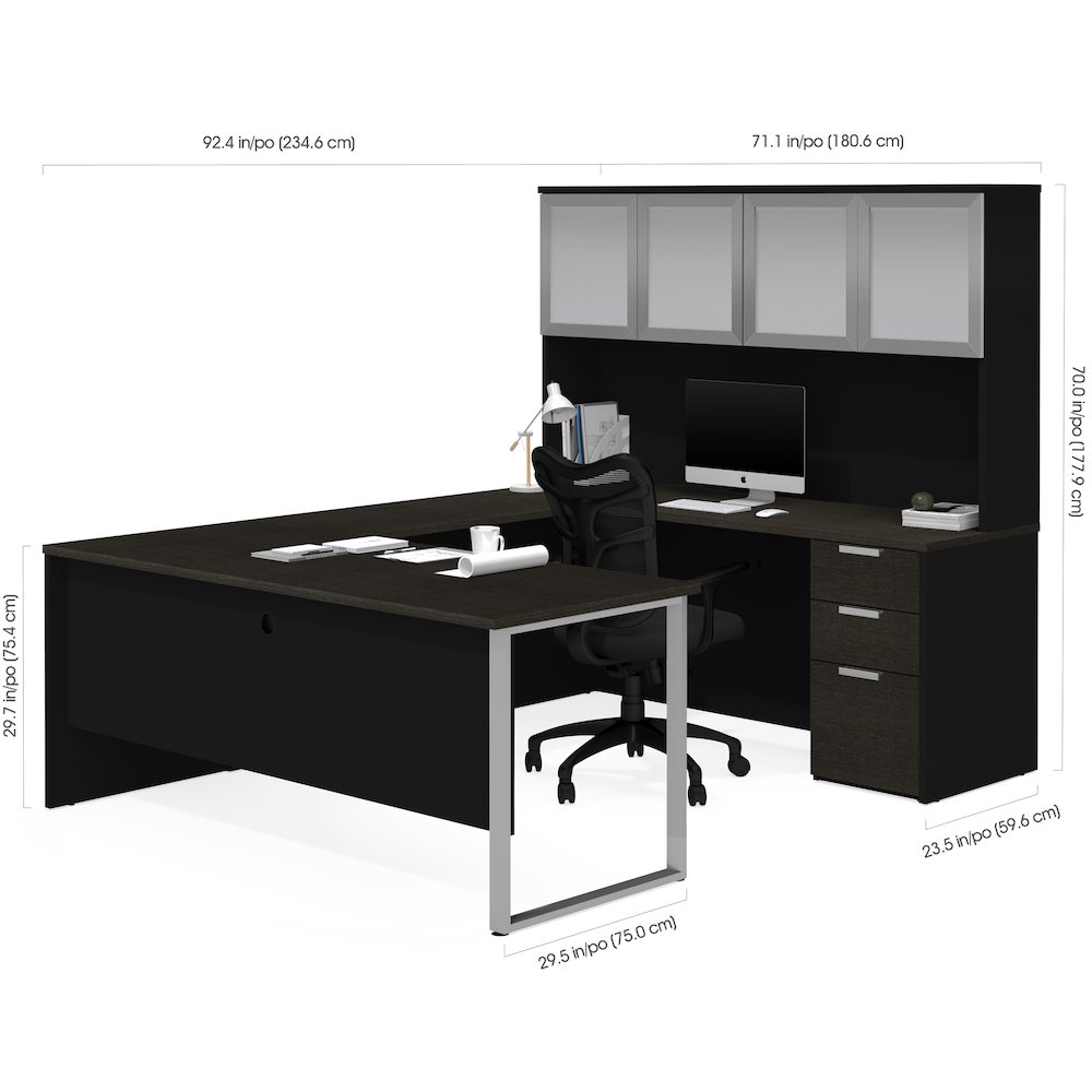 Pro-Concept Plus U-Desk with Frosted Glass Door Hutch in Deep Grey & Black. Picture 3