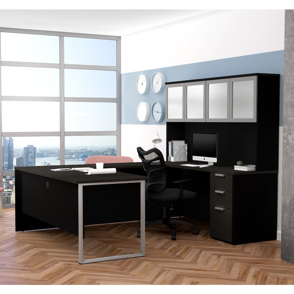 Pro-Concept Plus U-Desk with Frosted Glass Door Hutch in Deep Grey & Black. Picture 2