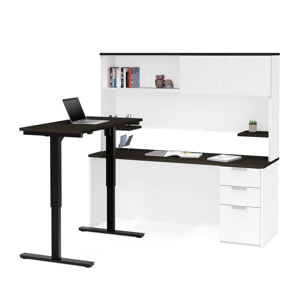 Pro-Concept Plus Height Adjustable L-Desk with Hutch in White & Deep Grey. Picture 1