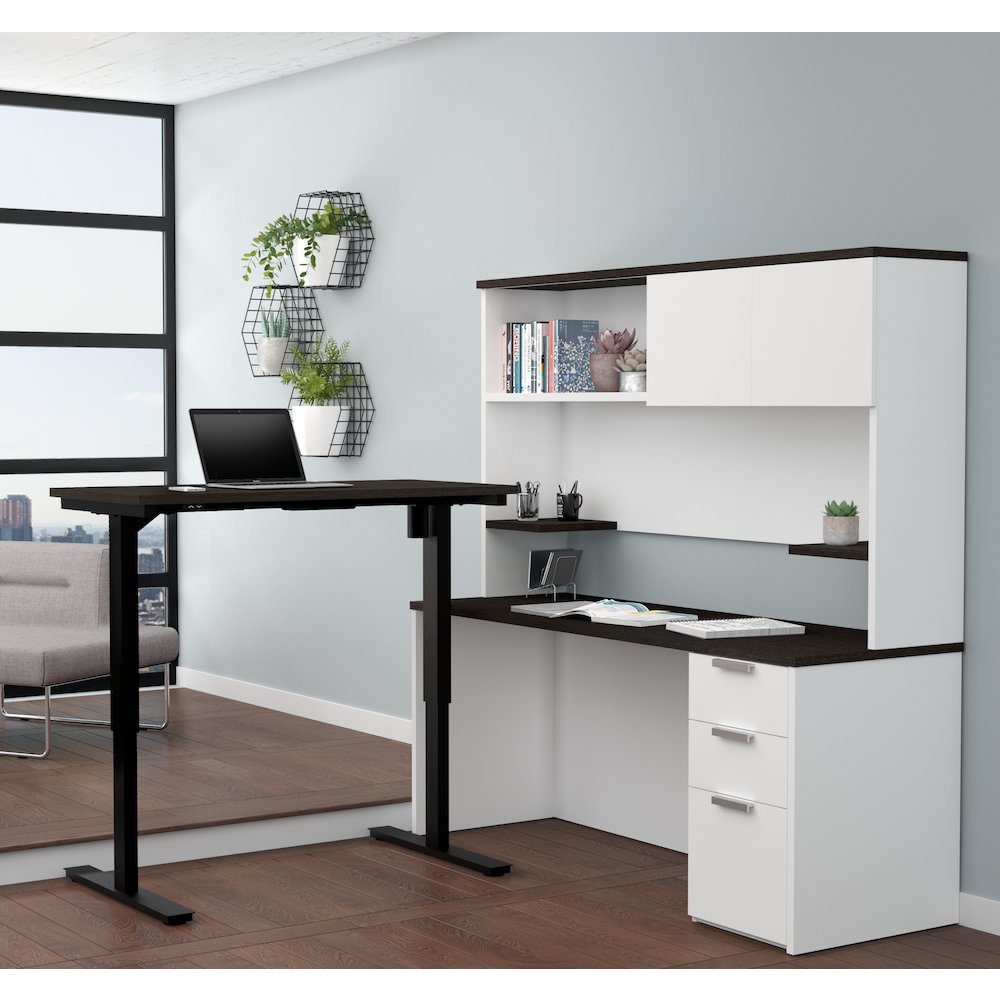 Pro-Concept Plus Height Adjustable L-Desk with Hutch in White & Deep Grey. Picture 4