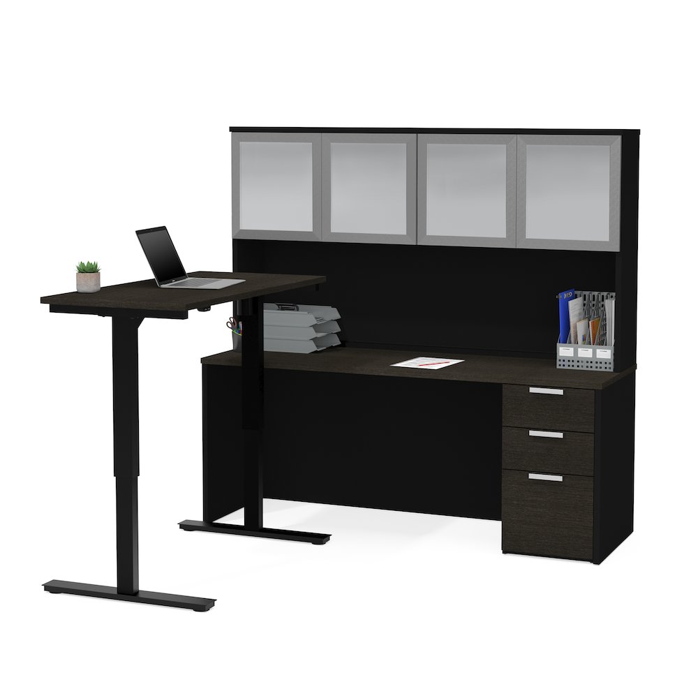 Bestar Pro-Concept Plus Height Adjustable L-Desk with Frosted Glass Door Hutch. Picture 1