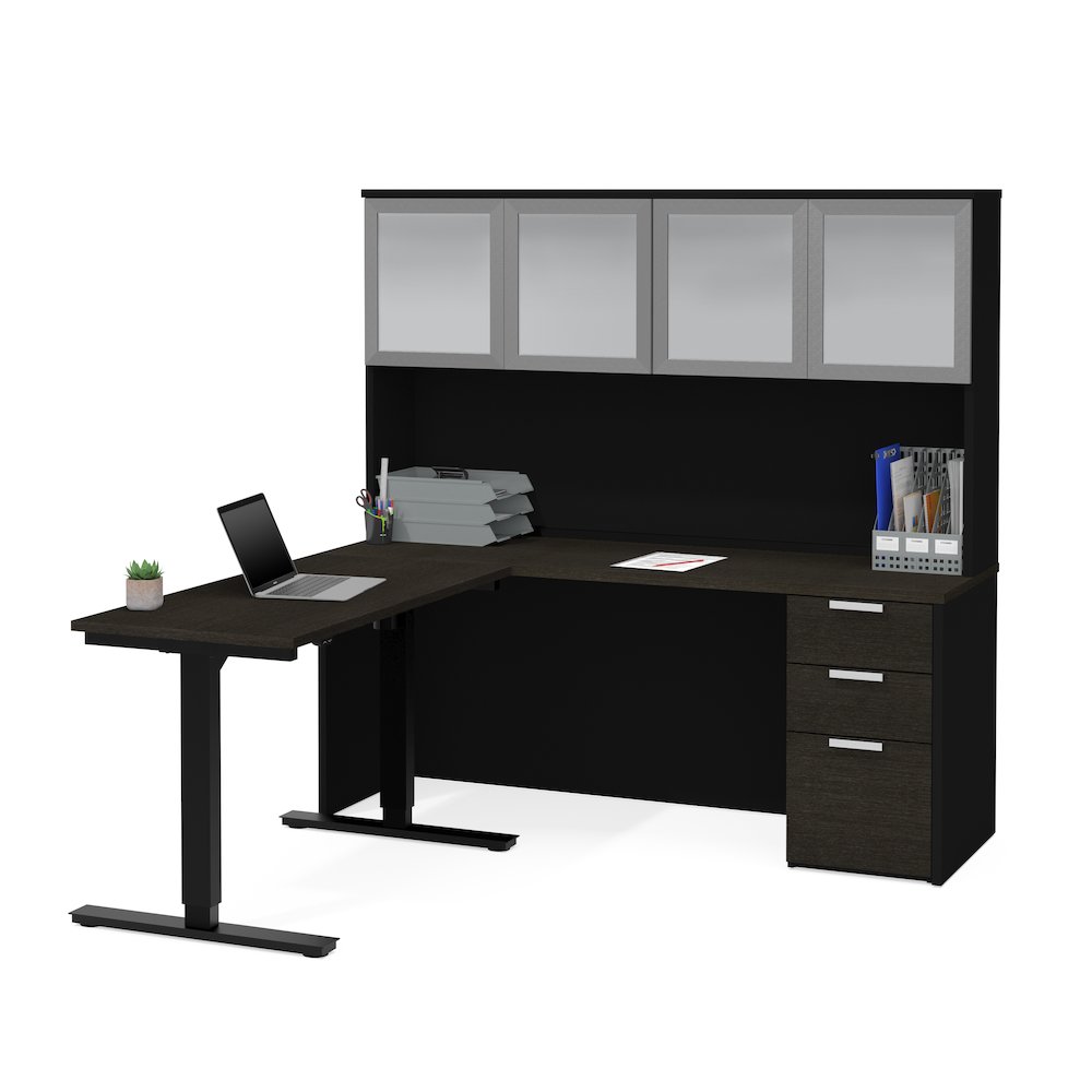 Bestar Pro-Concept Plus Height Adjustable L-Desk with Frosted Glass Door Hutch. Picture 2