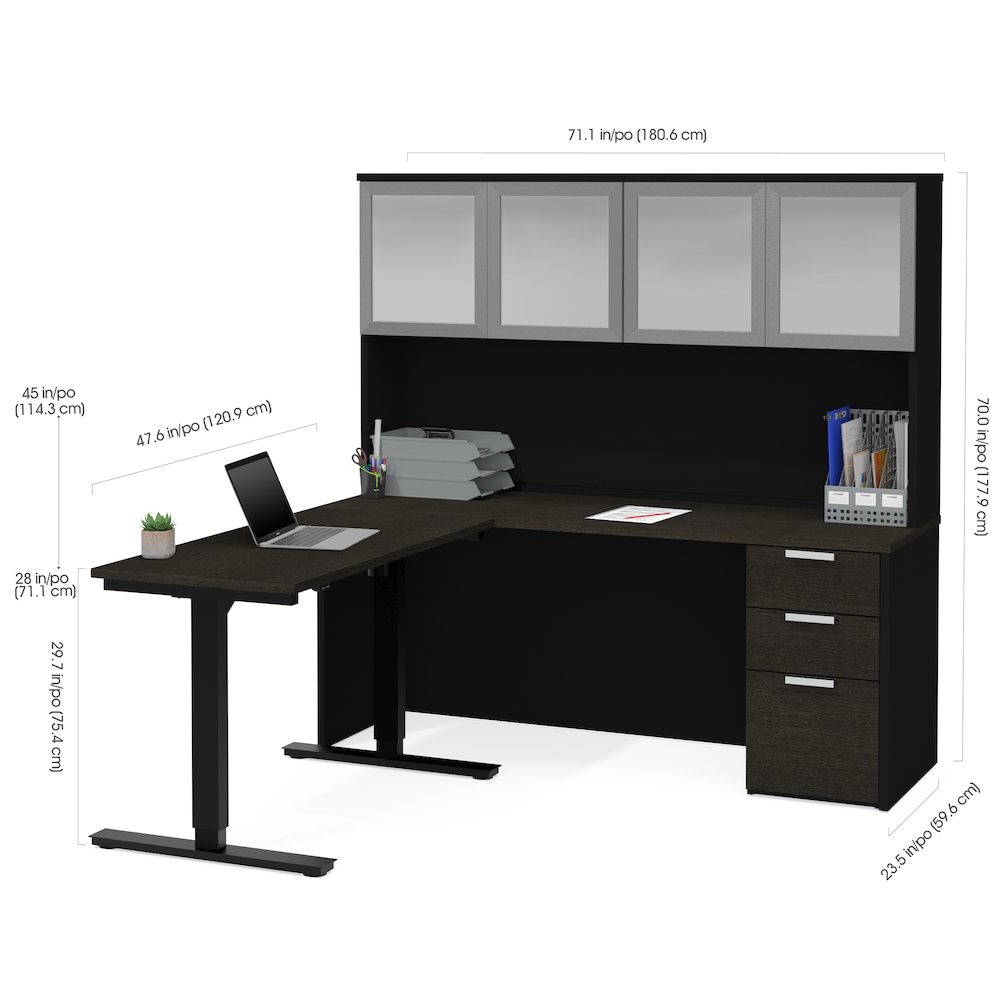 Bestar Pro-Concept Plus Height Adjustable L-Desk with Frosted Glass Door Hutch. Picture 3