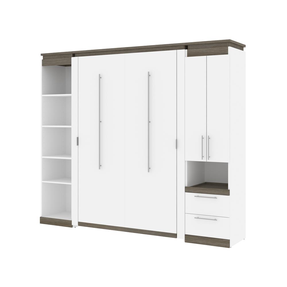 Full Murphy Bed with Storage Cabinet and Shelves (100W) in White and Walnut Grey. Picture 1