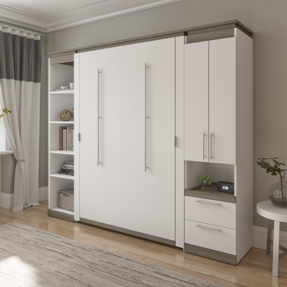 Full Murphy Bed with Storage Cabinet and Shelves (100W) in White and Walnut Grey. Picture 5
