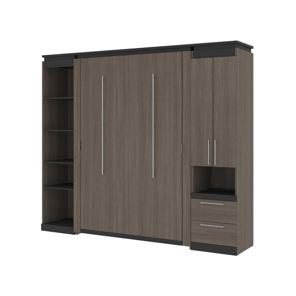 Full Murphy Bed with Storage Cabinet and Shelves (100W) in White and Walnut Grey. Picture 1