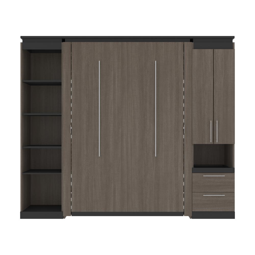 Full Murphy Bed with Storage Cabinet and Shelves (100W) in White and Walnut Grey. Picture 2