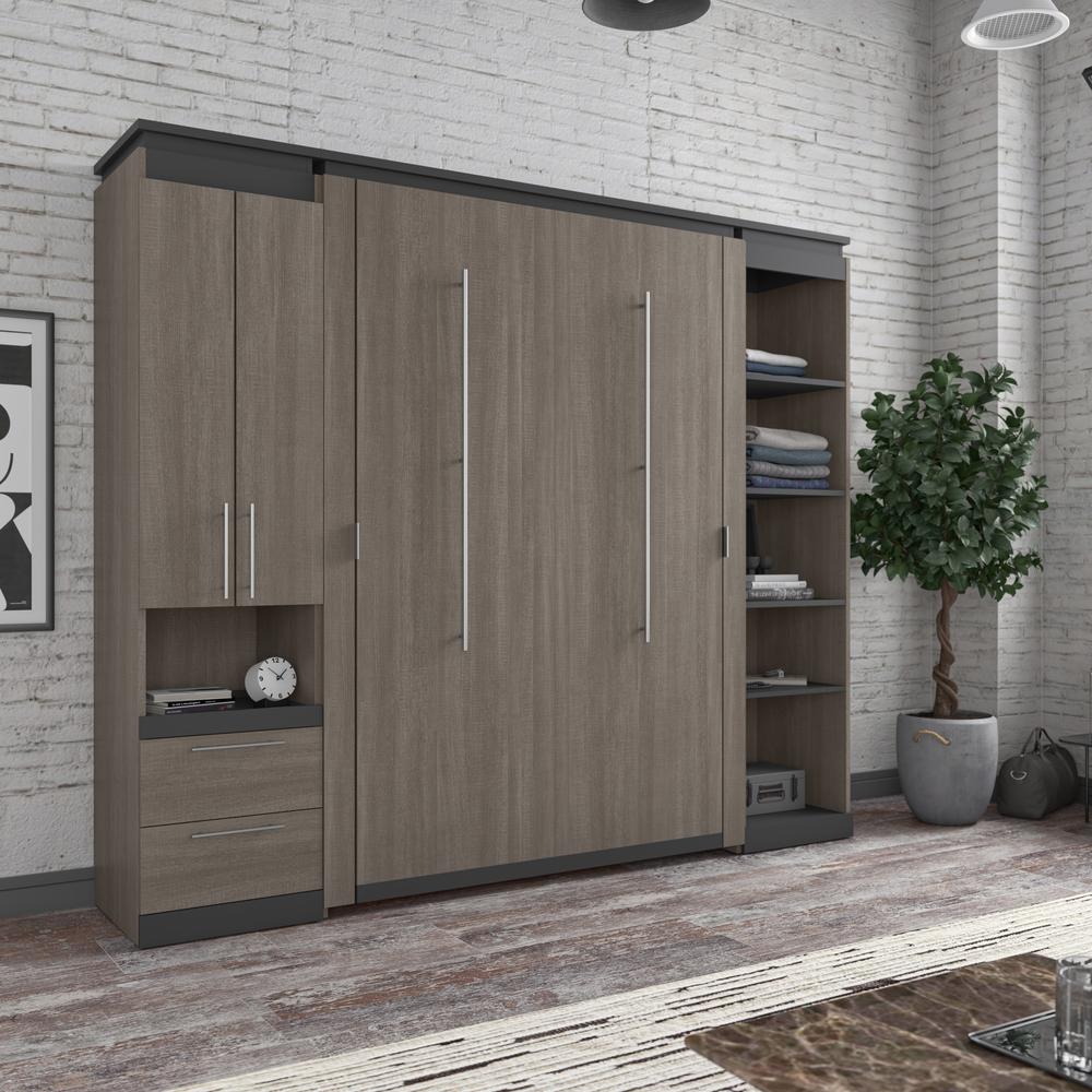 Full Murphy Bed with Storage Cabinet and Shelves (100W) in White and Walnut Grey. Picture 5