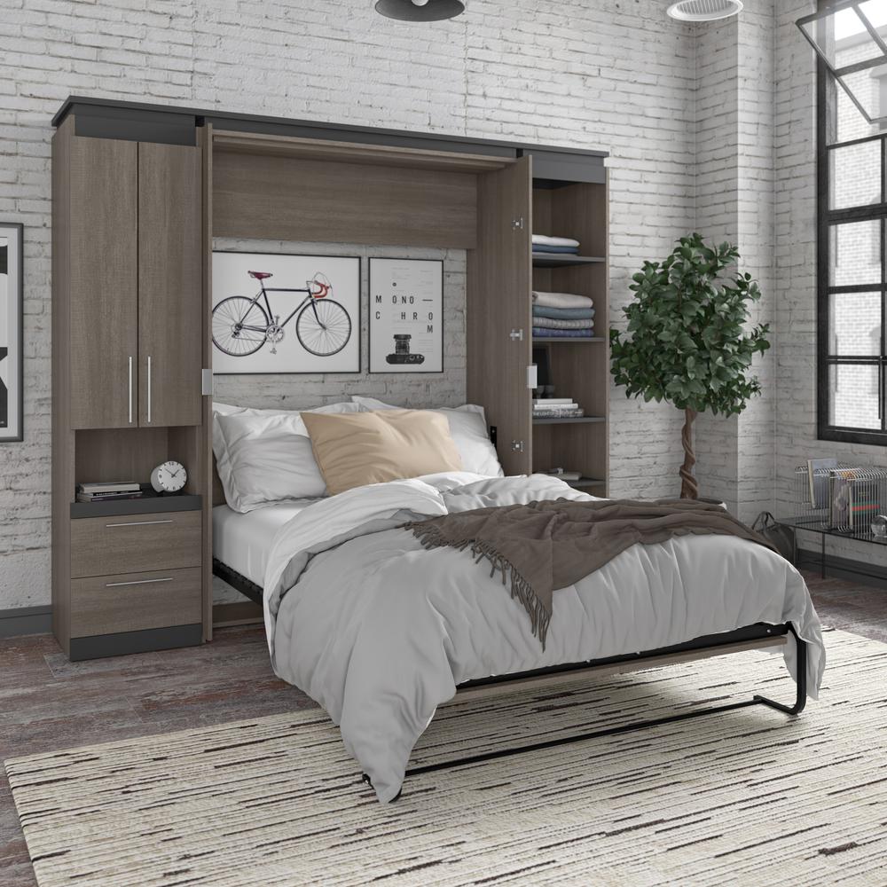 Full Murphy Bed with Storage Cabinet and Shelves (100W) in White and Walnut Grey. Picture 6