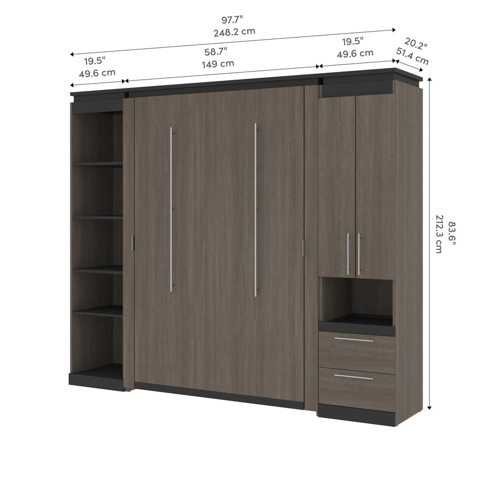 Full Murphy Bed with Storage Cabinet and Shelves (100W) in White and Walnut Grey. Picture 11