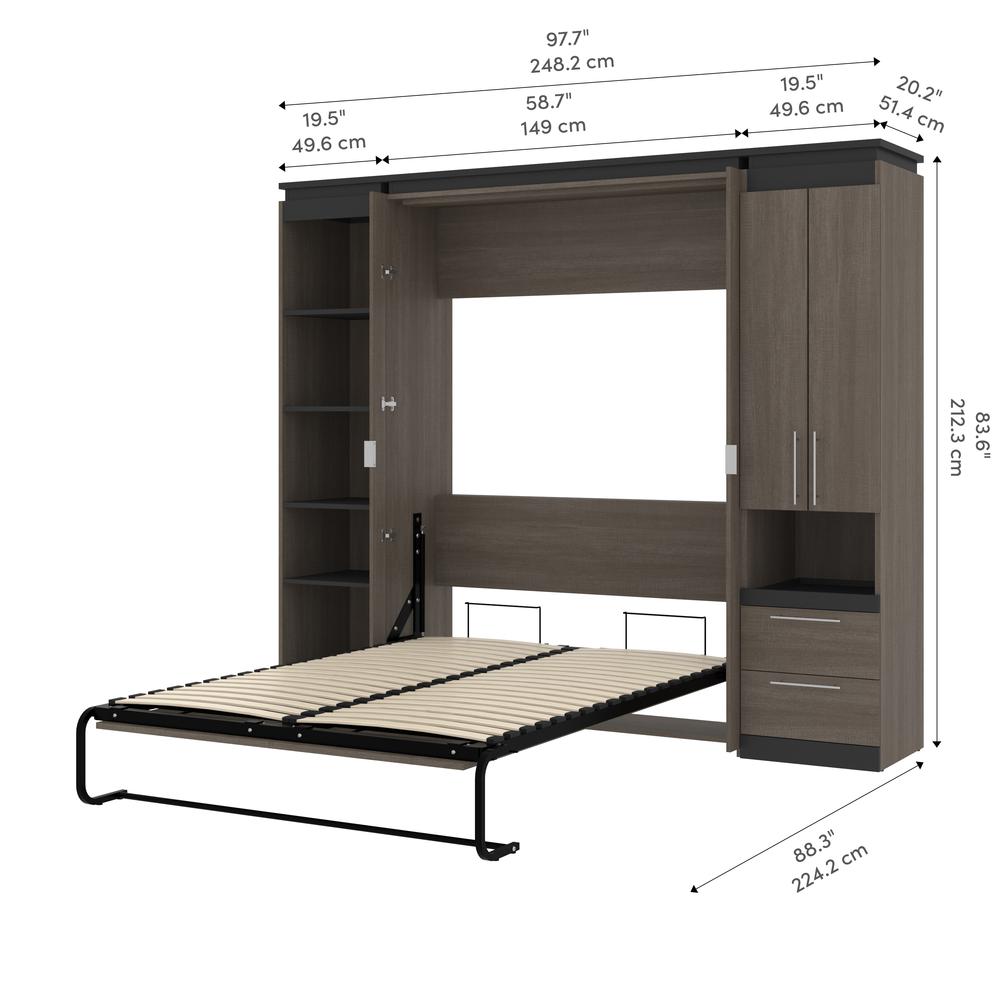 Full Murphy Bed with Storage Cabinet and Shelves (100W) in White and Walnut Grey. Picture 12