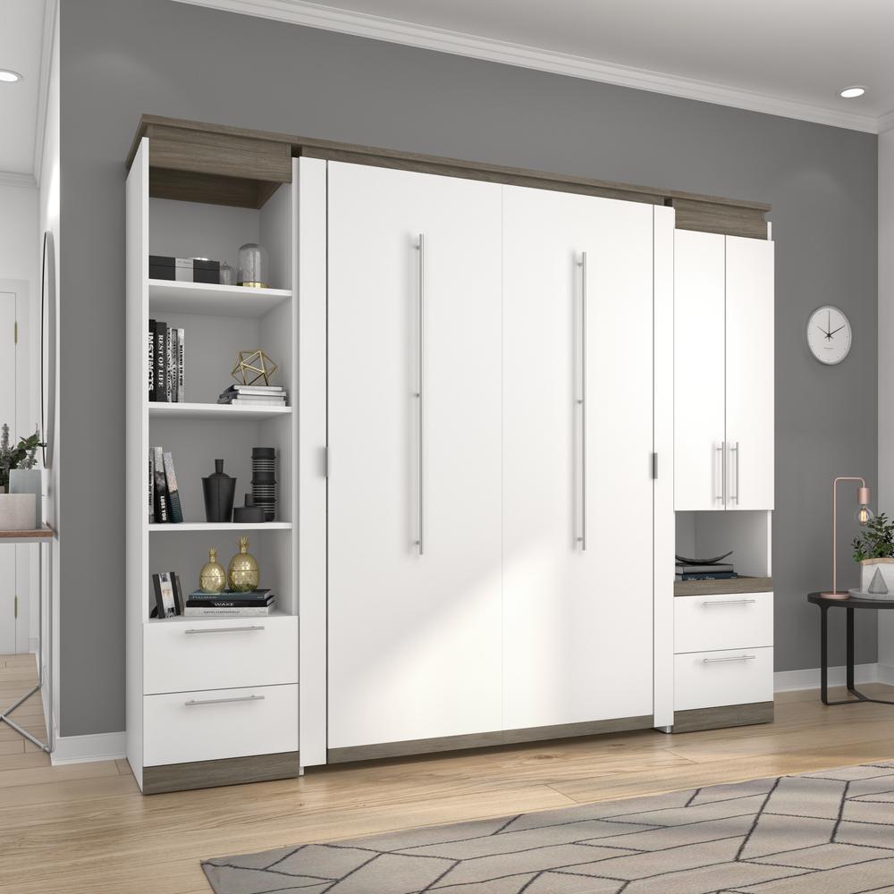 Orion  98W Full Murphy Bed and Narrow Storage Solutions with Drawers (99W) in white & walnut grey. Picture 5