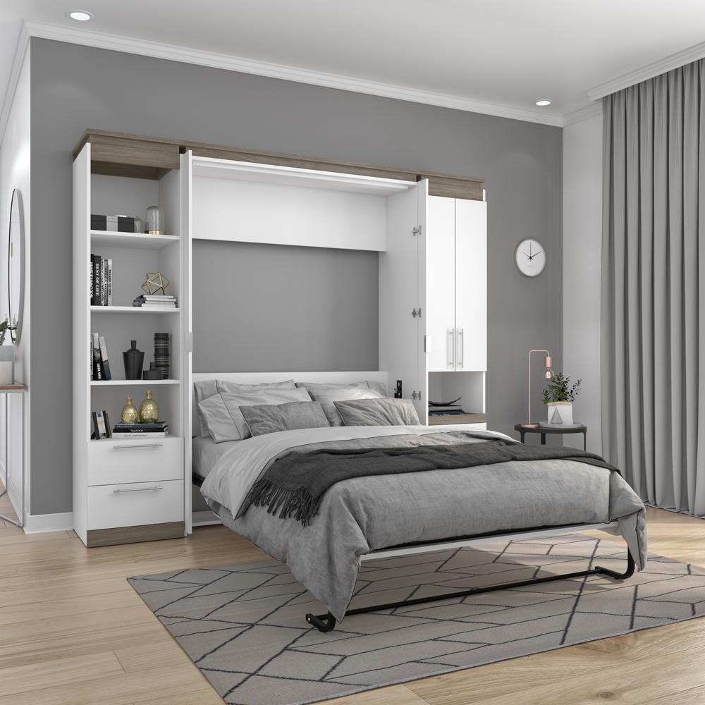 Orion  98W Full Murphy Bed and Narrow Storage Solutions with Drawers (99W) in white & walnut grey. Picture 6
