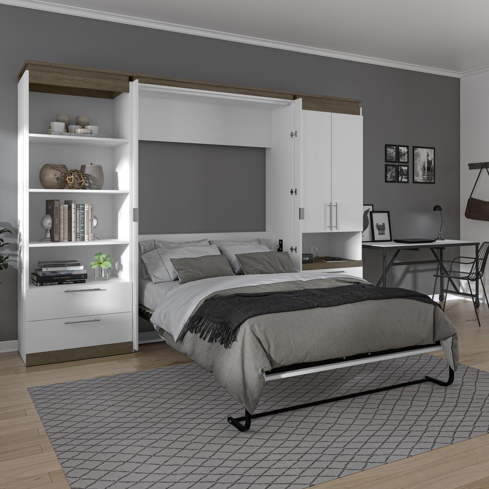 Orion  118W Full Murphy Bed and Multifunctional Storage with Drawers (119W) in white & walnut grey. Picture 6