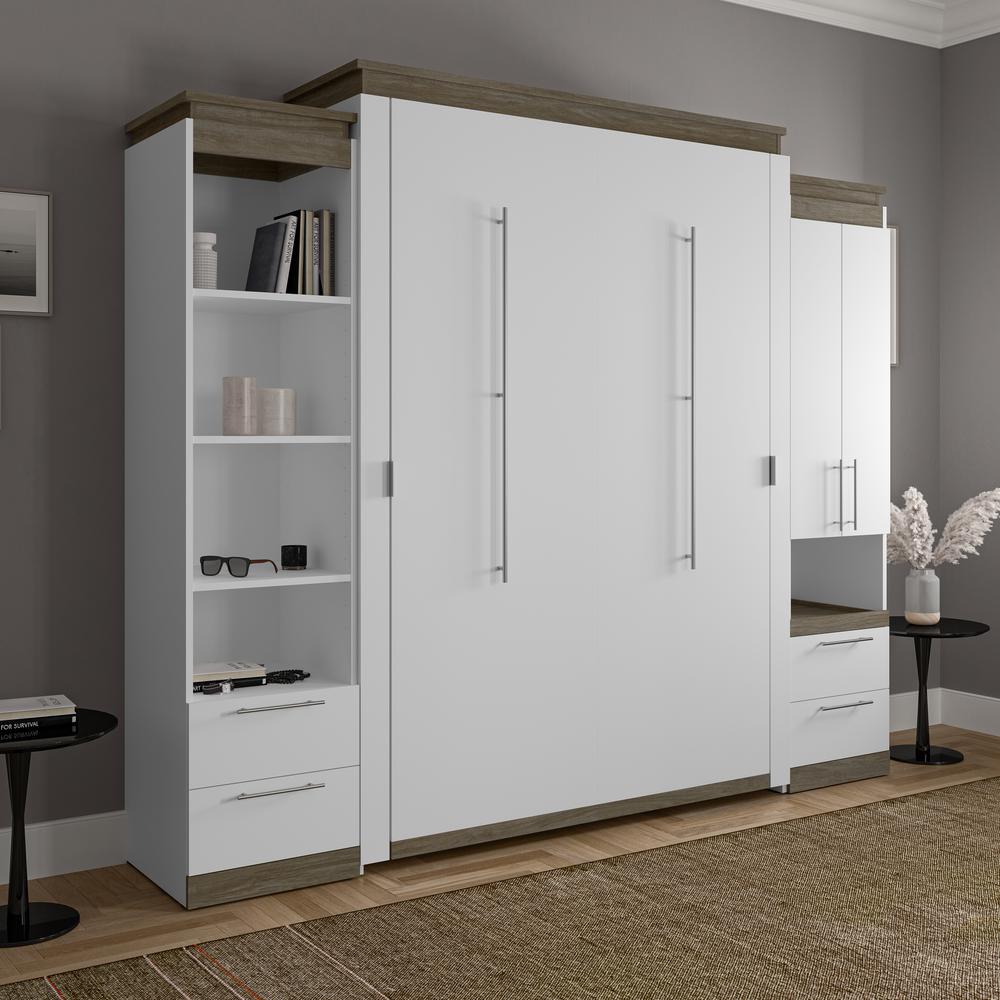 Orion  104W Queen Murphy Bed and Narrow Storage Solutions with Drawers (105W) in white & walnut grey. Picture 4