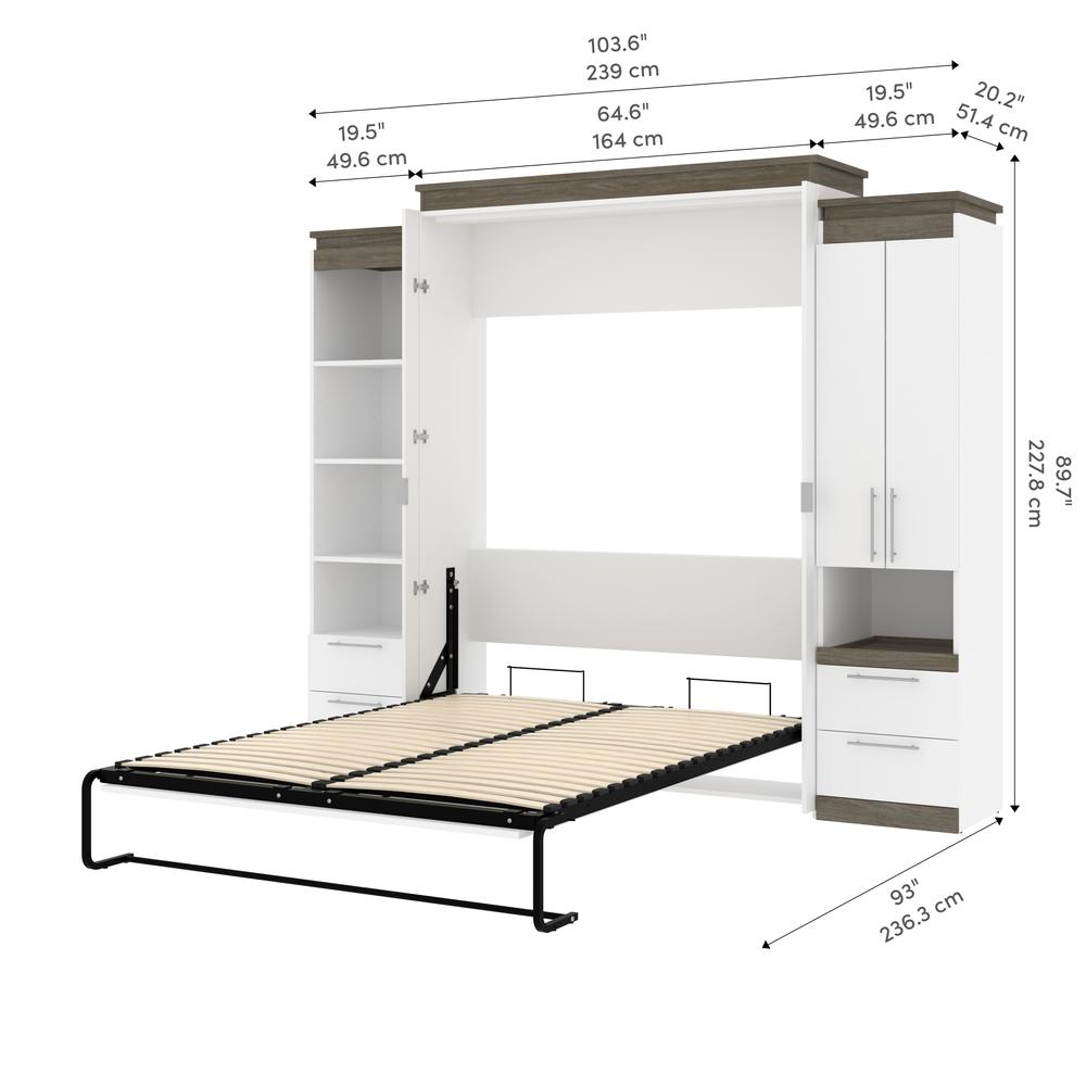 Orion  104W Queen Murphy Bed and Narrow Storage Solutions with Drawers (105W) in white & walnut grey. Picture 11