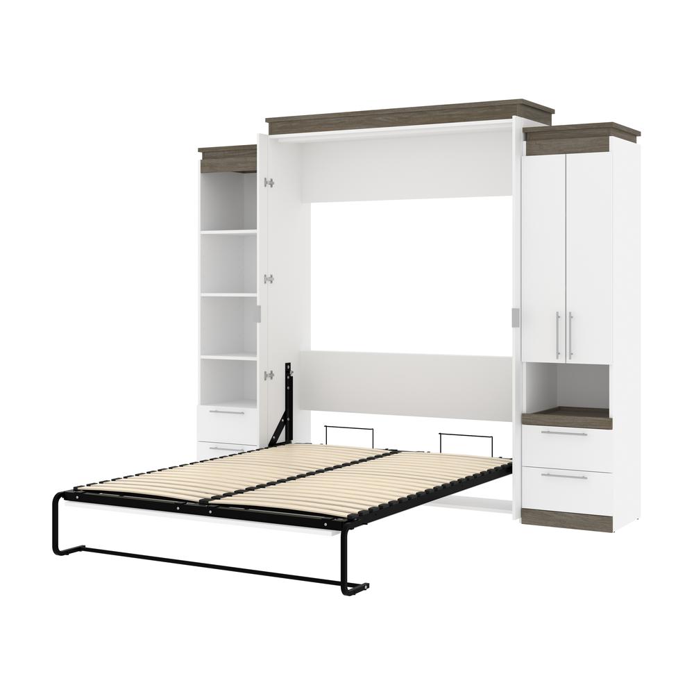 Orion  104W Queen Murphy Bed and Narrow Storage Solutions with Drawers (105W) in white & walnut grey. Picture 23