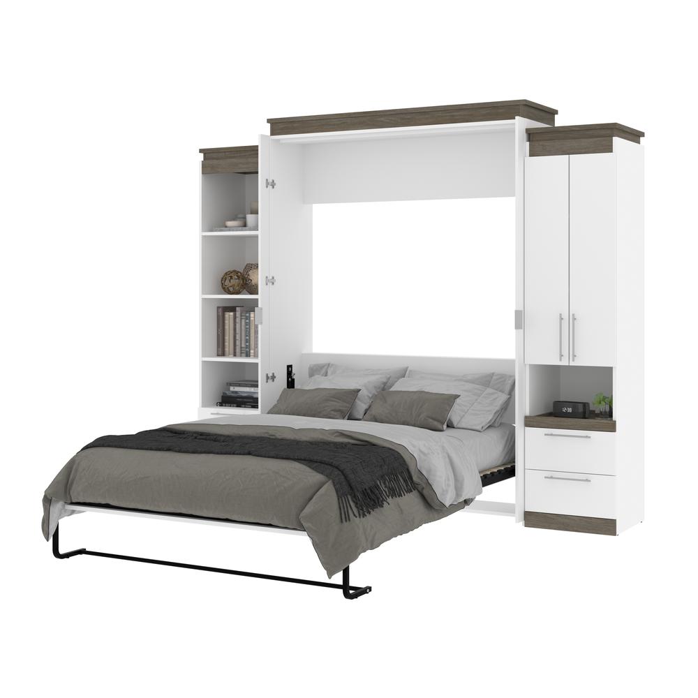 Orion  104W Queen Murphy Bed and Narrow Storage Solutions with Drawers (105W) in white & walnut grey. Picture 24