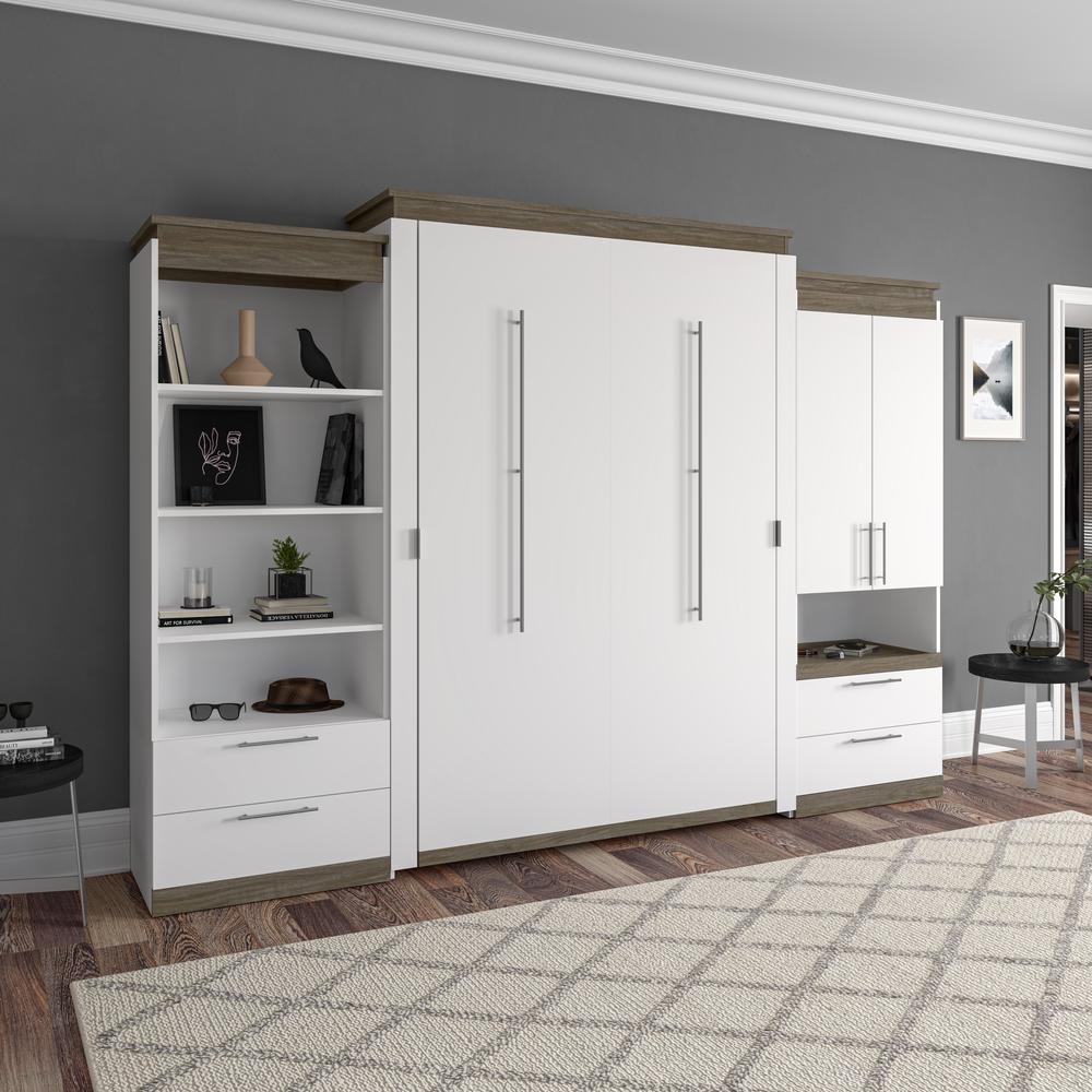 Orion  124W Queen Murphy Bed and Multifunctional Storage with Drawers (125W) in white & walnut grey. Picture 4