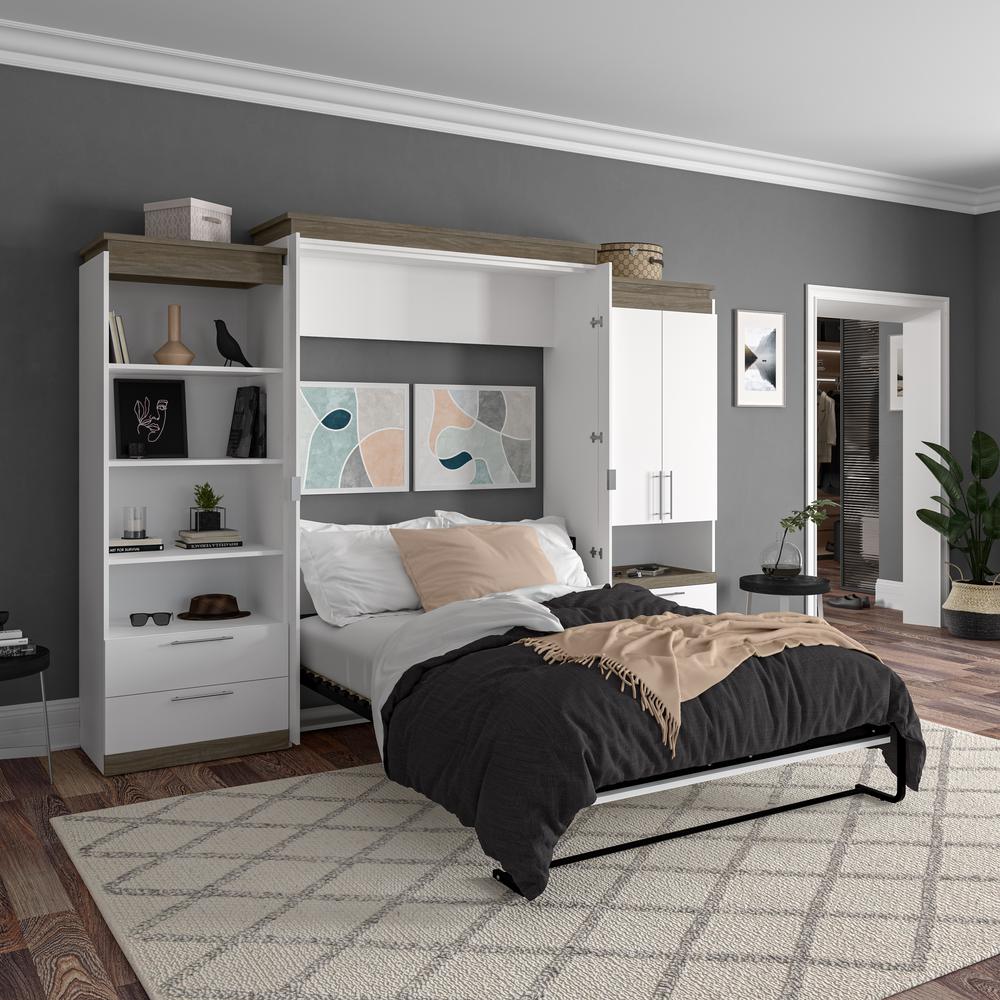 Orion  124W Queen Murphy Bed and Multifunctional Storage with Drawers (125W) in white & walnut grey. Picture 5