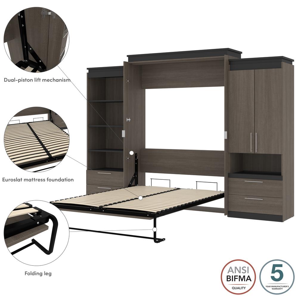 Orion  124W Queen Murphy Bed and Multifunctional Storage with Drawers (125W) in bark gray and graphite. Picture 9
