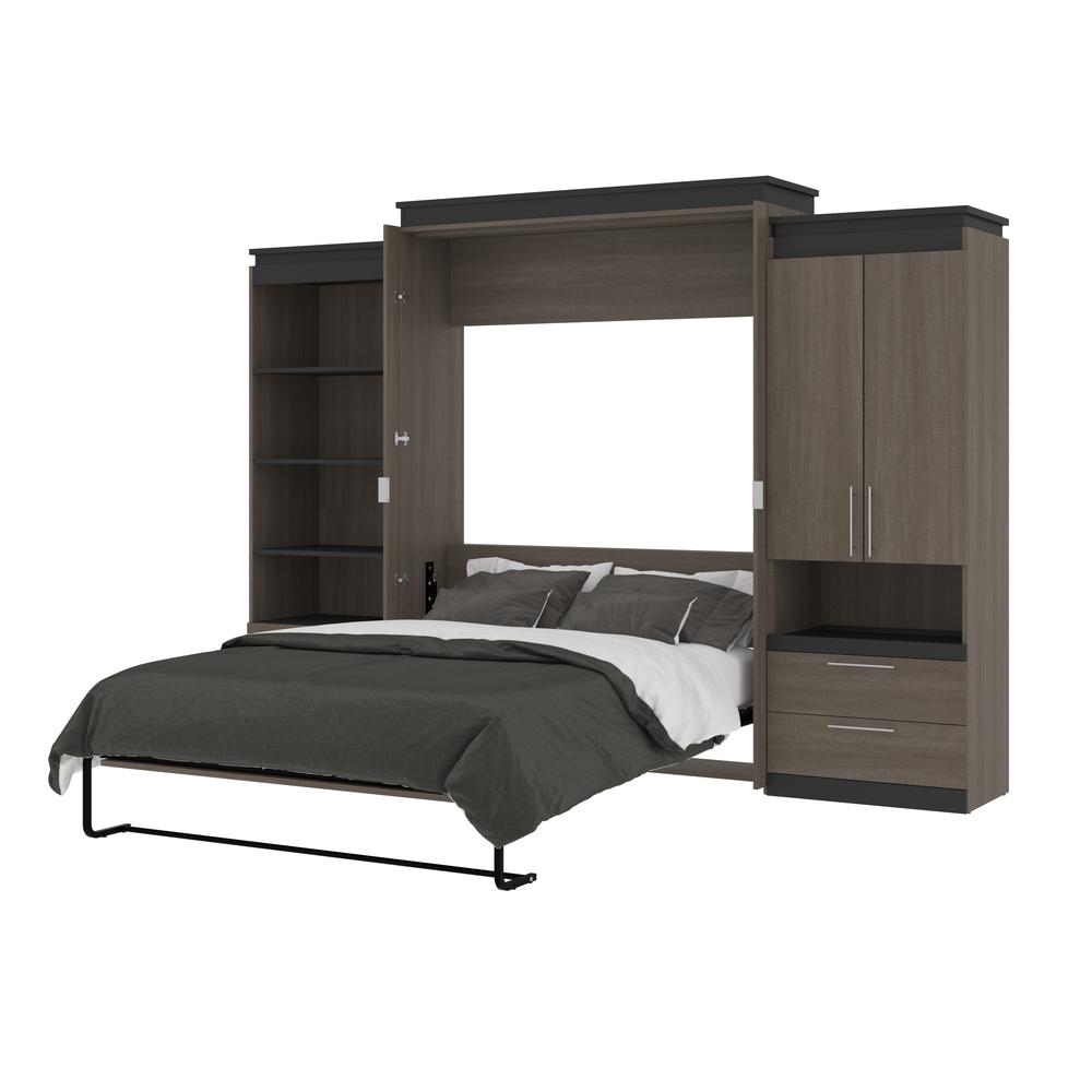 Orion  124W Queen Murphy Bed and Multifunctional Storage with Drawers (125W) in bark gray and graphite. Picture 25