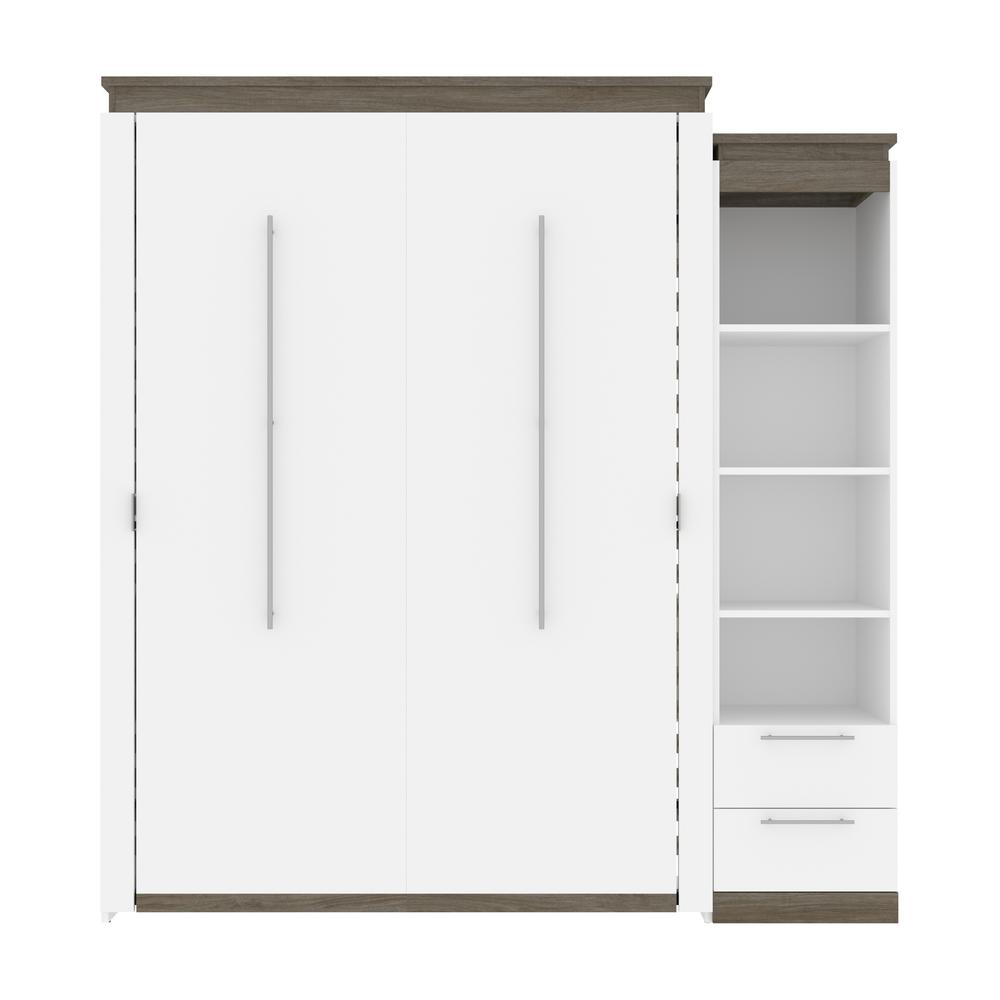Queen Murphy Bed with Shelves and Drawers (87W) in White and Walnut Grey. Picture 2