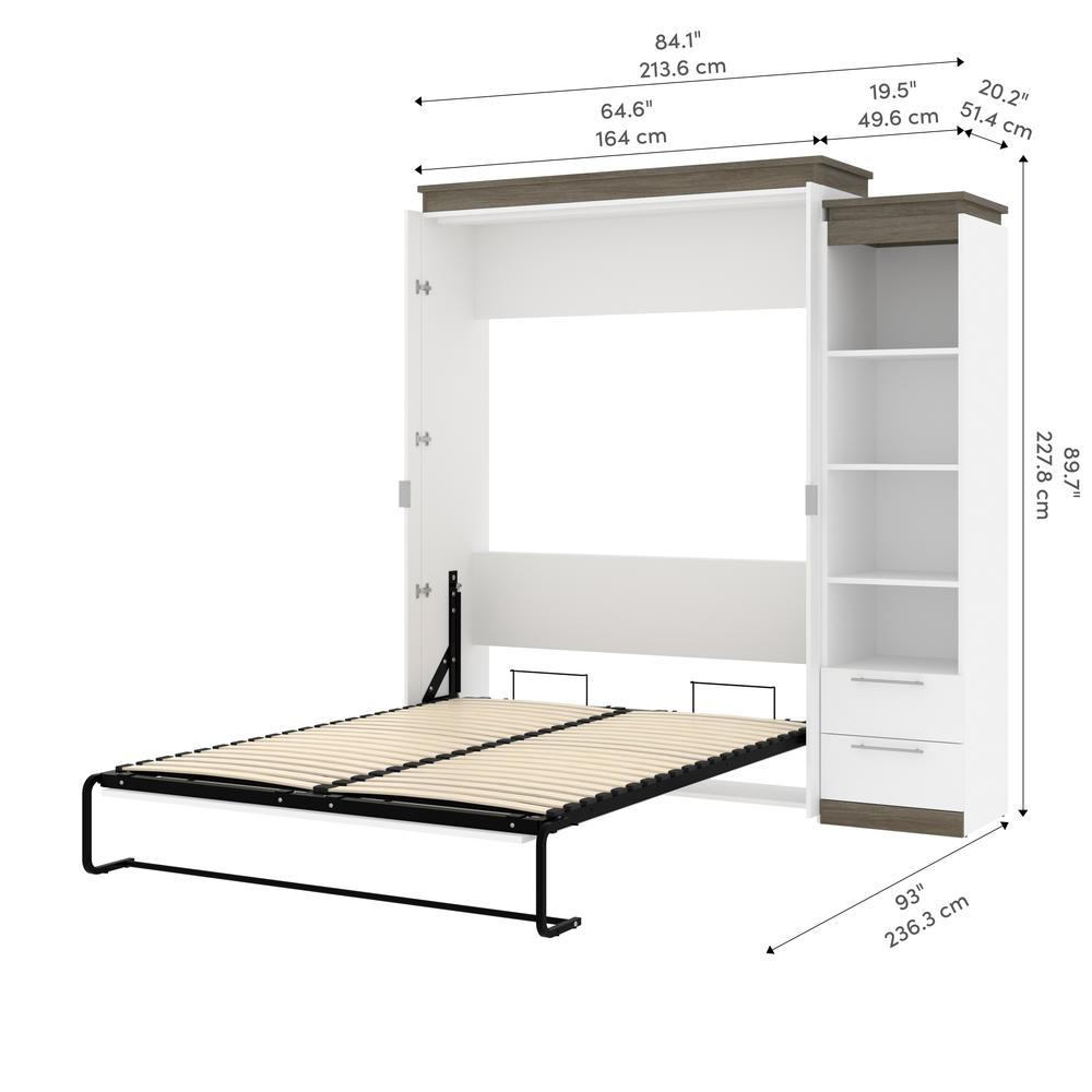 Queen Murphy Bed with Shelves and Drawers (87W) in White and Walnut Grey. Picture 11