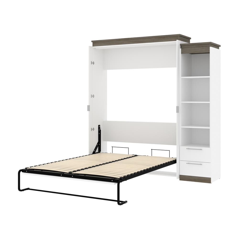 Queen Murphy Bed with Shelves and Drawers (87W) in White and Walnut Grey. Picture 23