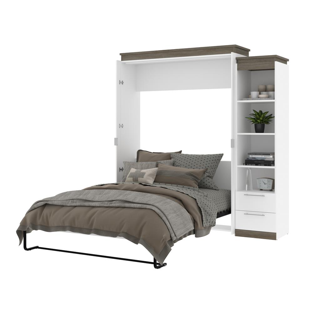 Queen Murphy Bed with Shelves and Drawers (87W) in White and Walnut Grey. Picture 24