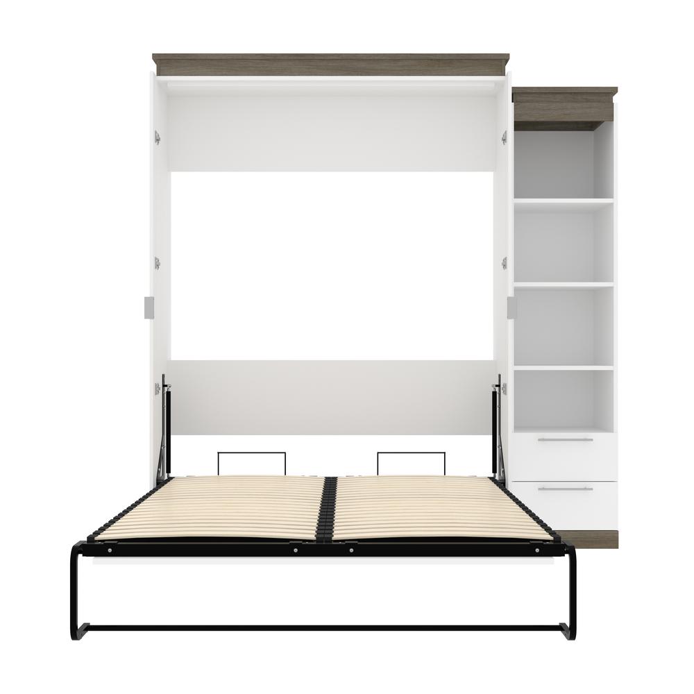 Queen Murphy Bed with Shelves and Drawers (87W) in White and Walnut Grey. Picture 25