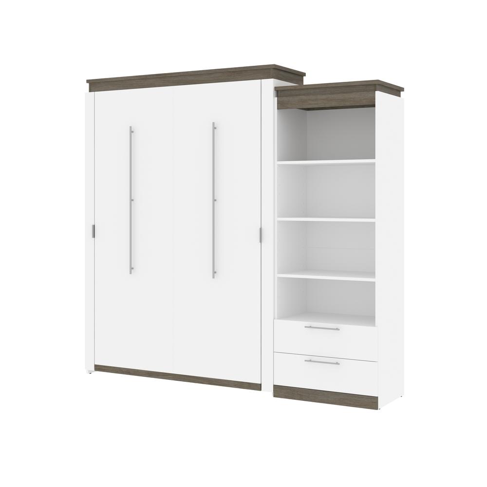 Queen Murphy Bed with Shelves and Drawers (97W) in White and Walnut Grey. Picture 1