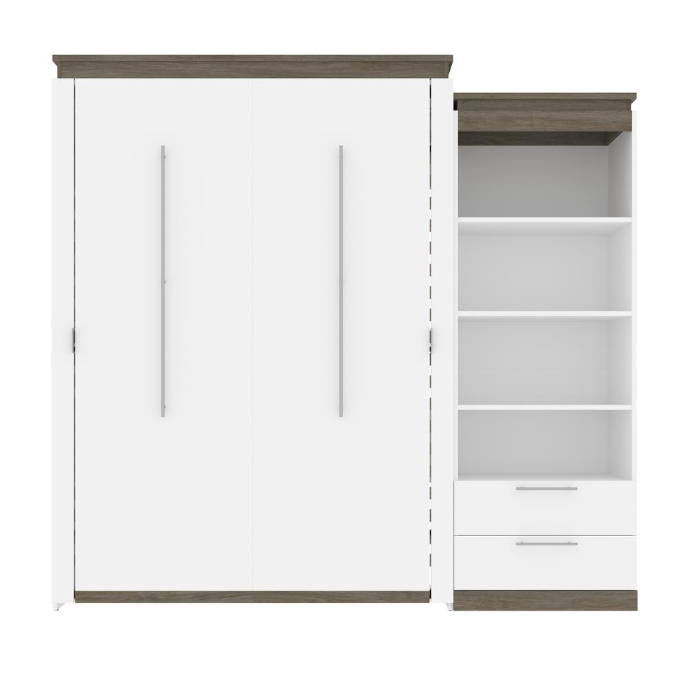 Queen Murphy Bed with Shelves and Drawers (97W) in White and Walnut Grey. Picture 2