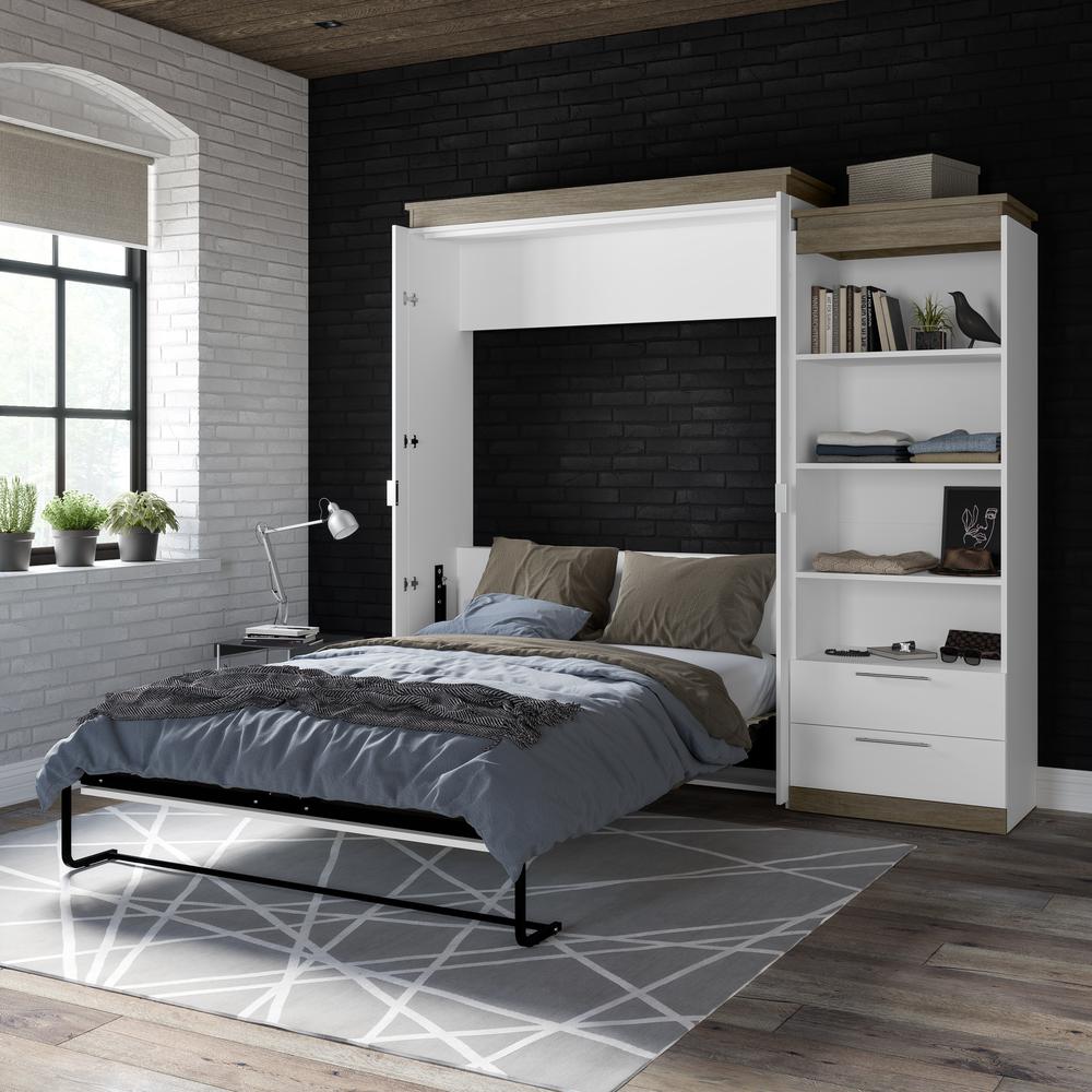 Queen Murphy Bed with Shelves and Drawers (97W) in White and Walnut Grey. Picture 5