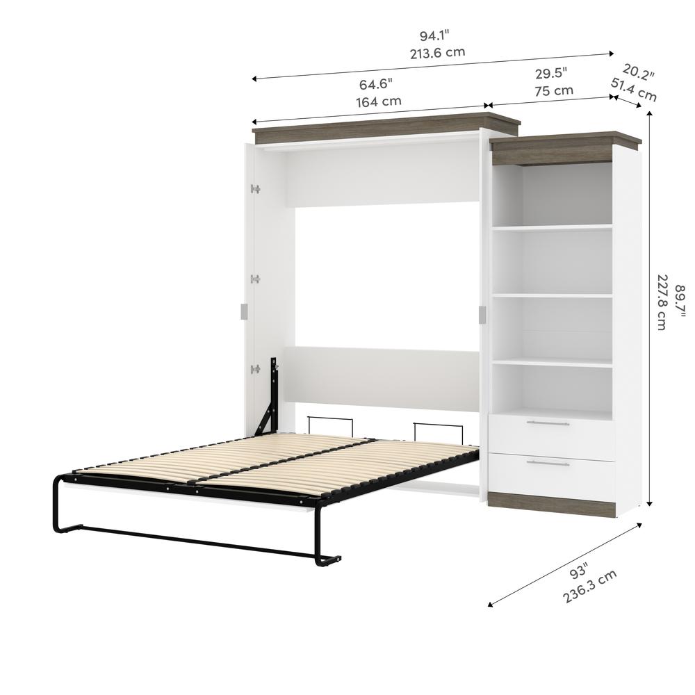 Queen Murphy Bed with Shelves and Drawers (97W) in White and Walnut Grey. Picture 11