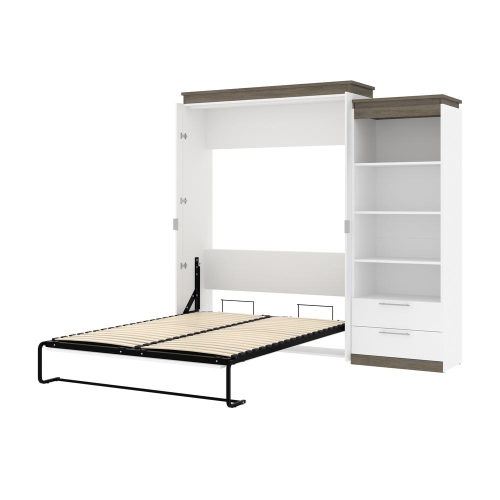 Queen Murphy Bed with Shelves and Drawers (97W) in White and Walnut Grey. Picture 23