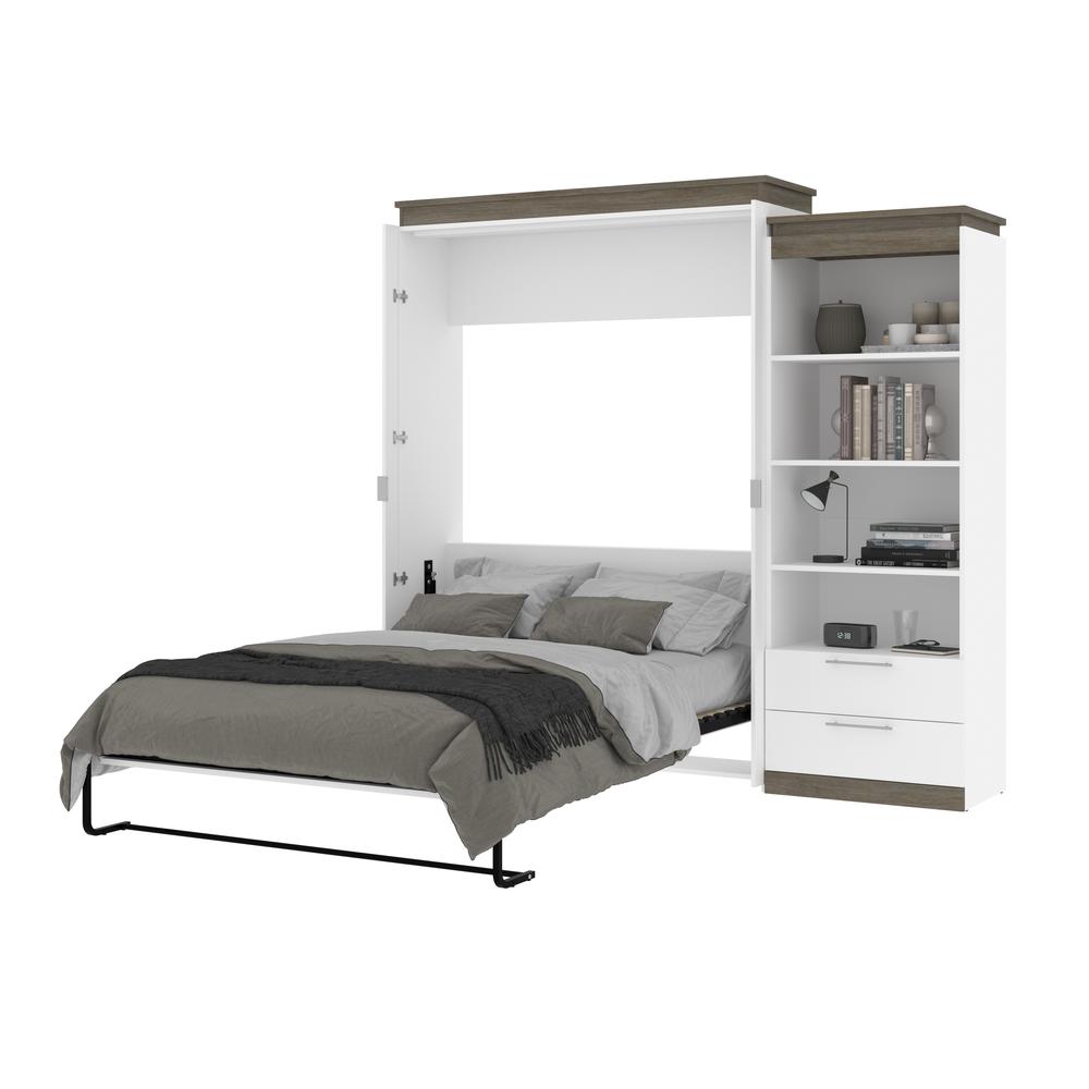 Queen Murphy Bed with Shelves and Drawers (97W) in White and Walnut Grey. Picture 24