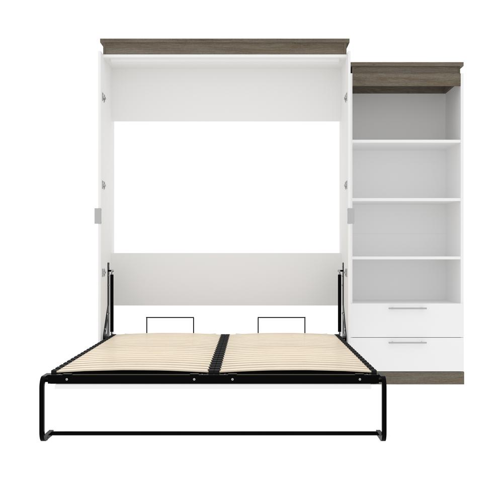 Queen Murphy Bed with Shelves and Drawers (97W) in White and Walnut Grey. Picture 25