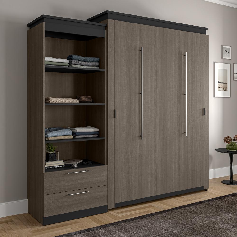 Queen Murphy Bed with Shelves and Drawers (97W) in Bark Grey and Graphite. Picture 4