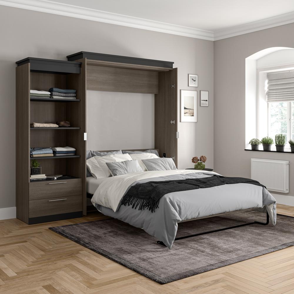 Queen Murphy Bed with Shelves and Drawers (97W) in Bark Grey and Graphite. Picture 5