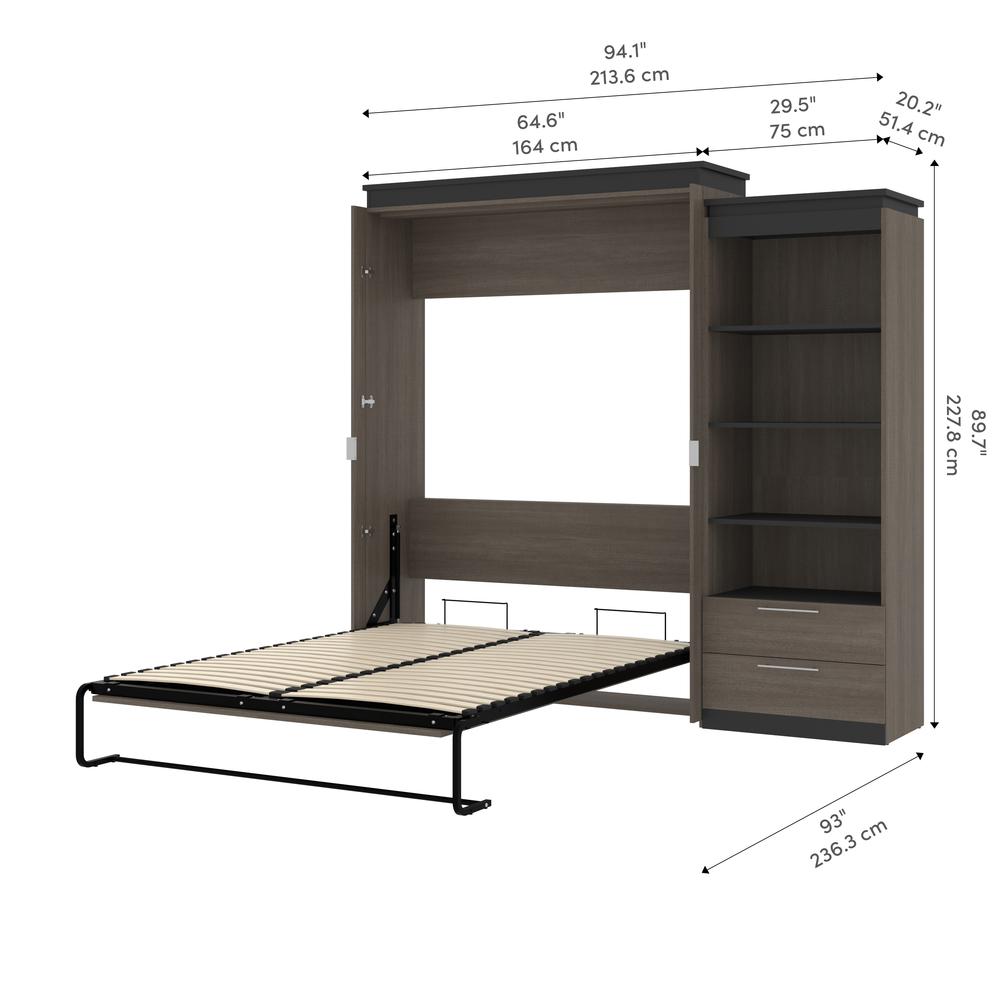 Queen Murphy Bed with Shelves and Drawers (97W) in Bark Grey and Graphite. Picture 11