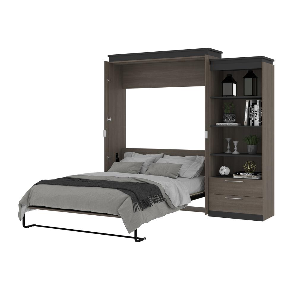Queen Murphy Bed with Shelves and Drawers (97W) in Bark Grey and Graphite. Picture 24