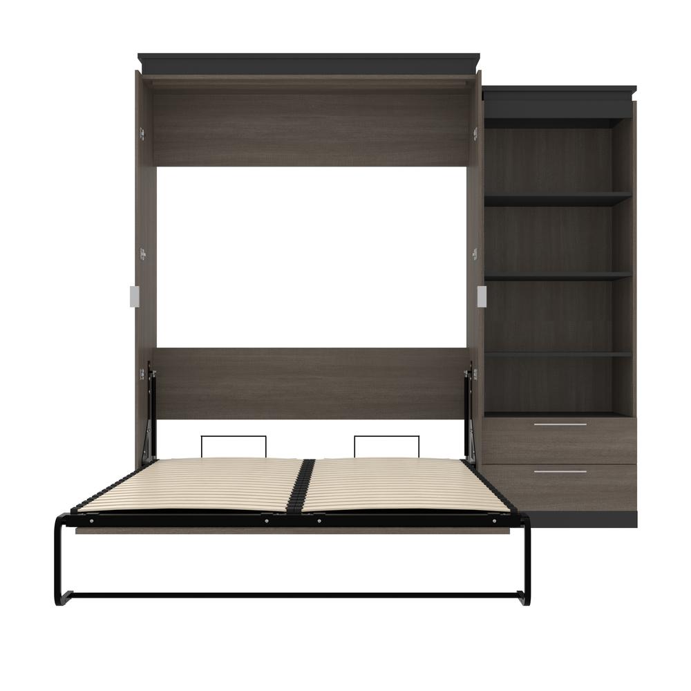 Queen Murphy Bed with Shelves and Drawers (97W) in Bark Grey and Graphite. Picture 25