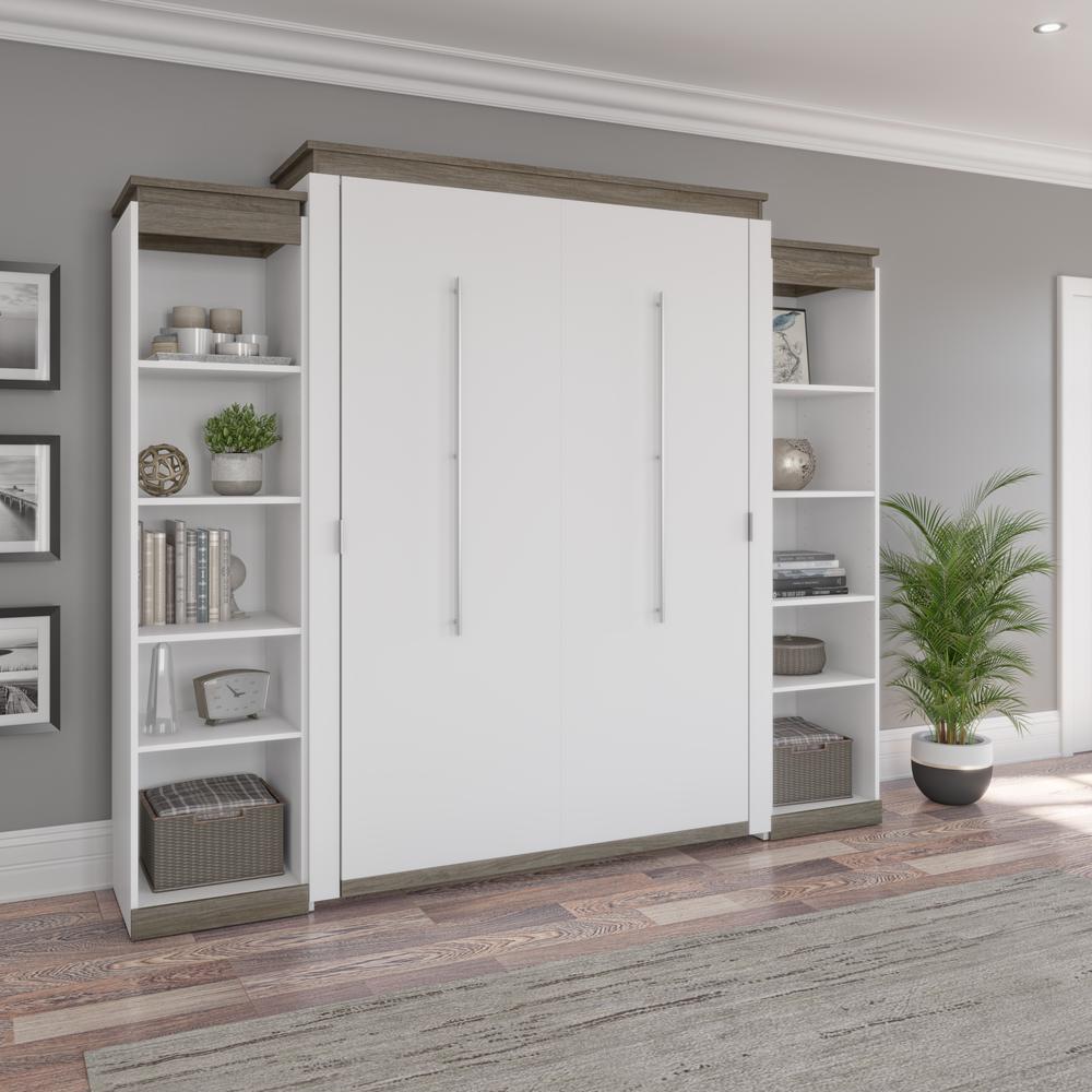 Queen Murphy Bed with Shelves (106W) in White and Walnut Grey. Picture 4
